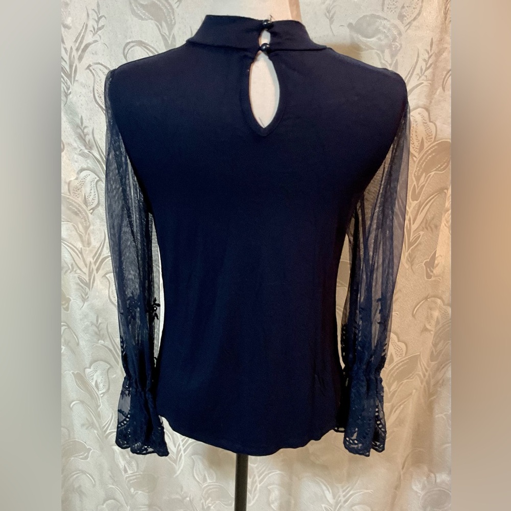Willow Navy Blue Sheer Long Sleeve Mock Neck Blouse - Picture 3 of 6